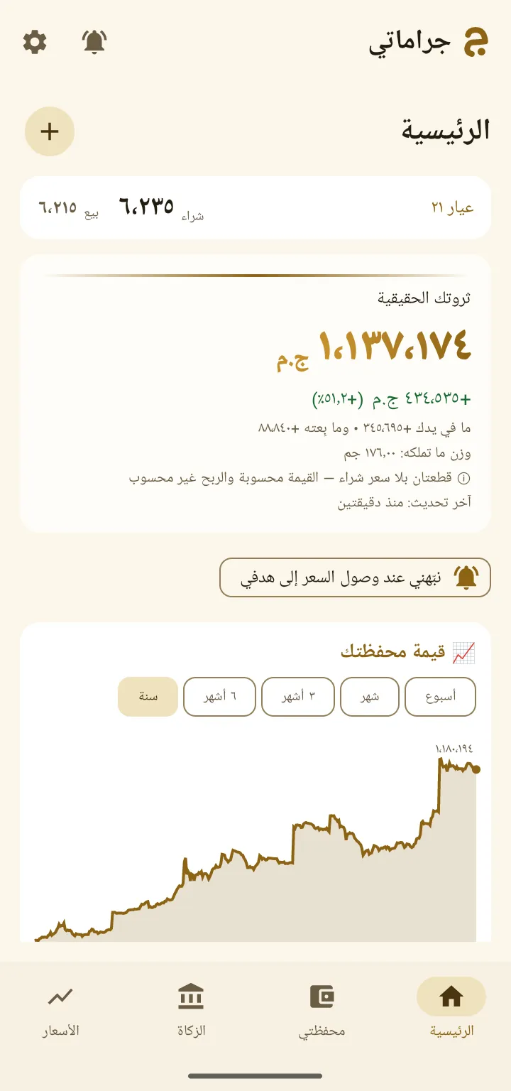 الشاشة الرئيسية في جراماتي: ثروتك الحقيقية وربحك ورسم قيمة المحفظة